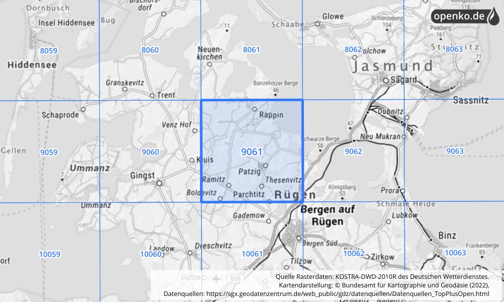 Übersichtskarte KOSTRA-DWD-2010R Rasterfeld Nr. 9061 mit angrenzenden Feldern