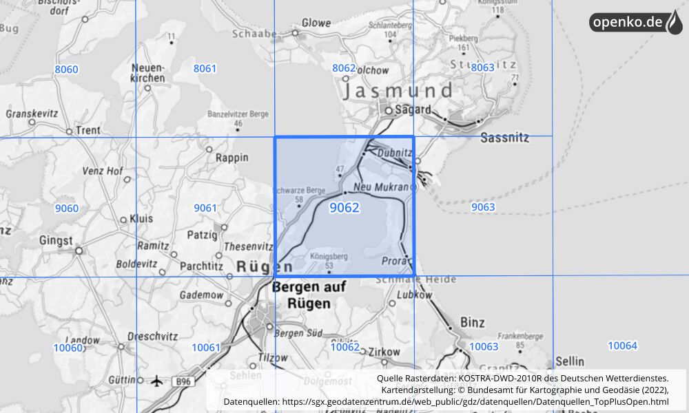 Übersichtskarte KOSTRA-DWD-2010R Rasterfeld Nr. 9062 mit angrenzenden Feldern