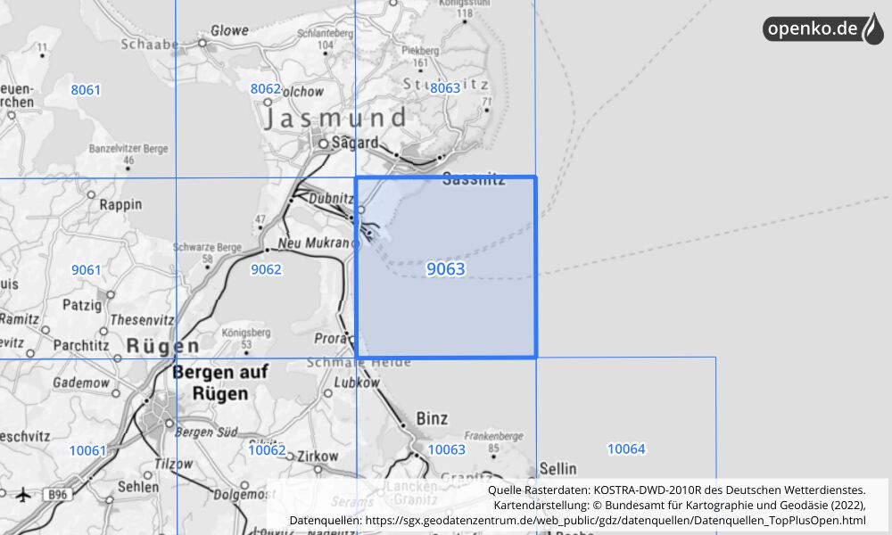 Übersichtskarte KOSTRA-DWD-2010R Rasterfeld Nr. 9063 mit angrenzenden Feldern