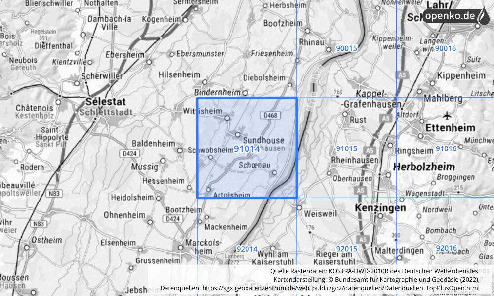 Übersichtskarte KOSTRA-DWD-2010R Rasterfeld Nr. 91014 mit angrenzenden Feldern