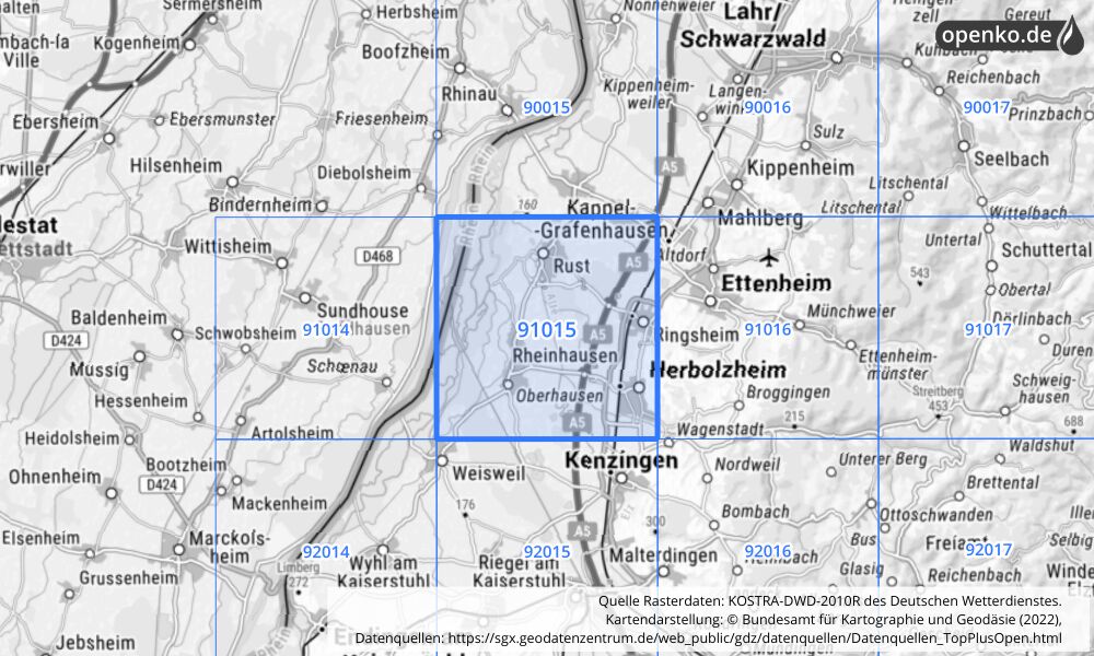 Übersichtskarte KOSTRA-DWD-2010R Rasterfeld Nr. 91015 mit angrenzenden Feldern