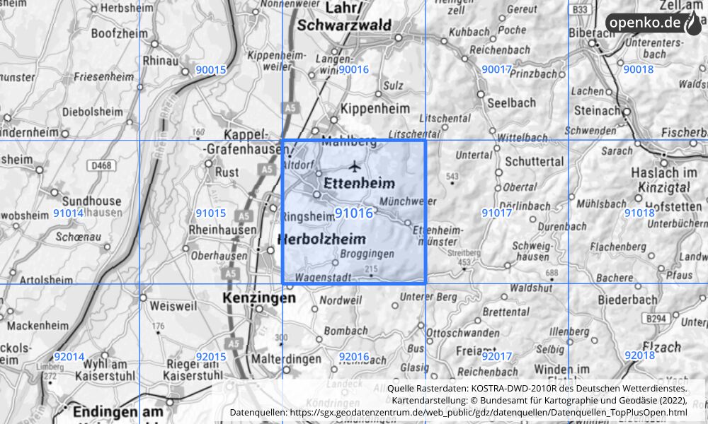 Übersichtskarte KOSTRA-DWD-2010R Rasterfeld Nr. 91016 mit angrenzenden Feldern