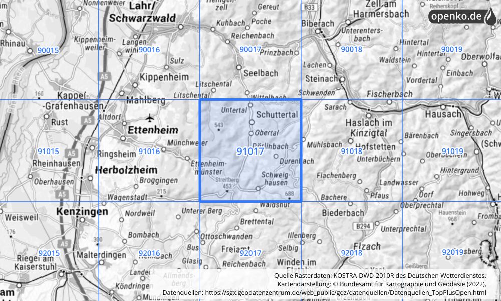 Übersichtskarte KOSTRA-DWD-2010R Rasterfeld Nr. 91017 mit angrenzenden Feldern