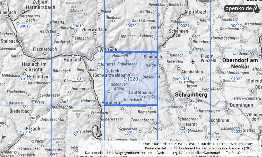 Übersichtskarte KOSTRA-DWD-2010R Rasterfeld Nr. 91020 mit angrenzenden Feldern