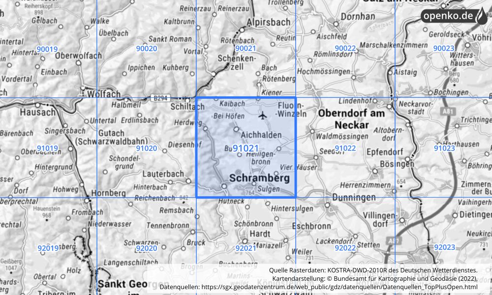 Übersichtskarte KOSTRA-DWD-2010R Rasterfeld Nr. 91021 mit angrenzenden Feldern