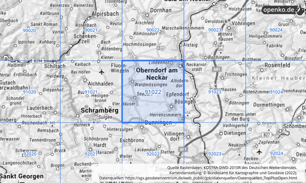 Übersichtskarte KOSTRA-DWD-2010R Rasterfeld Nr. 91022 mit angrenzenden Feldern