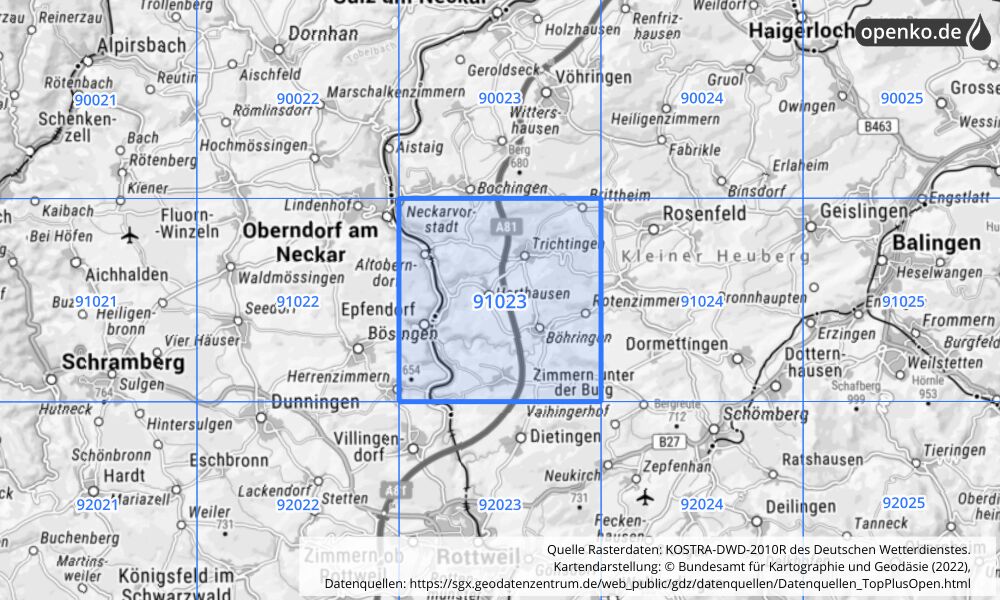 Übersichtskarte KOSTRA-DWD-2010R Rasterfeld Nr. 91023 mit angrenzenden Feldern