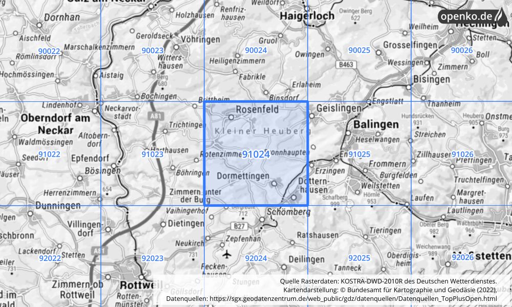 Übersichtskarte KOSTRA-DWD-2010R Rasterfeld Nr. 91024 mit angrenzenden Feldern