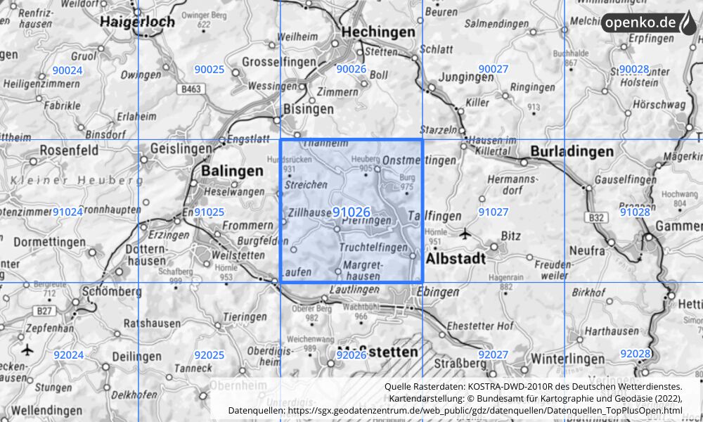 Übersichtskarte KOSTRA-DWD-2010R Rasterfeld Nr. 91026 mit angrenzenden Feldern