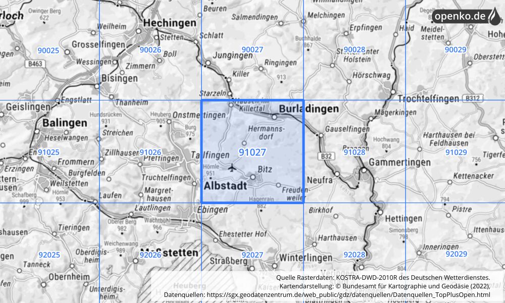 Übersichtskarte KOSTRA-DWD-2010R Rasterfeld Nr. 91027 mit angrenzenden Feldern