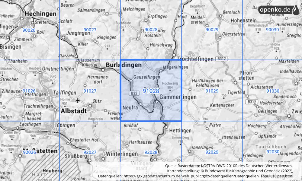 Übersichtskarte KOSTRA-DWD-2010R Rasterfeld Nr. 91028 mit angrenzenden Feldern