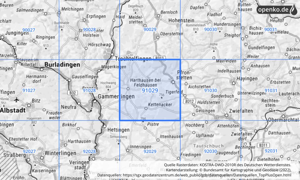 Übersichtskarte KOSTRA-DWD-2010R Rasterfeld Nr. 91029 mit angrenzenden Feldern