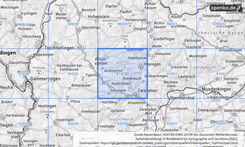 Übersichtskarte KOSTRA-DWD-2010R Rasterfeld Nr. 91030 mit angrenzenden Feldern