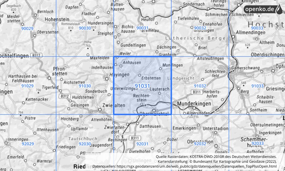 Übersichtskarte KOSTRA-DWD-2010R Rasterfeld Nr. 91031 mit angrenzenden Feldern