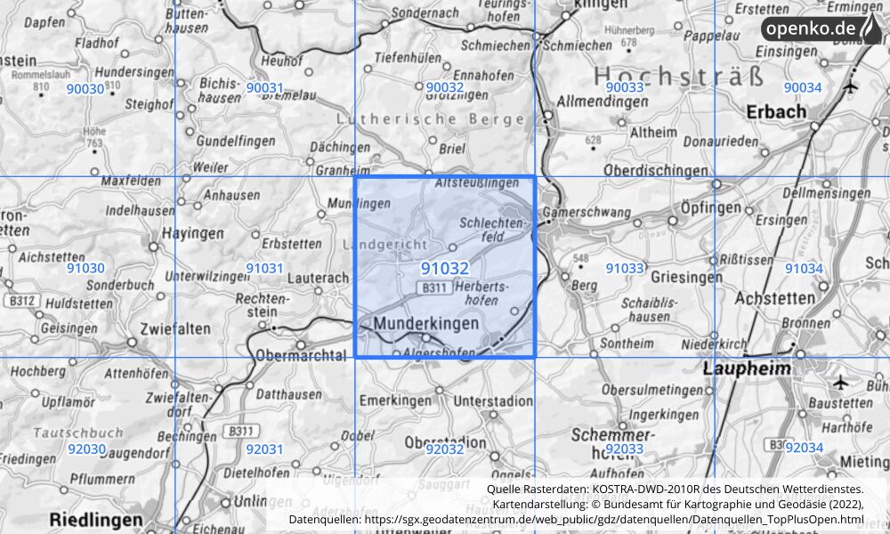 Übersichtskarte KOSTRA-DWD-2010R Rasterfeld Nr. 91032 mit angrenzenden Feldern