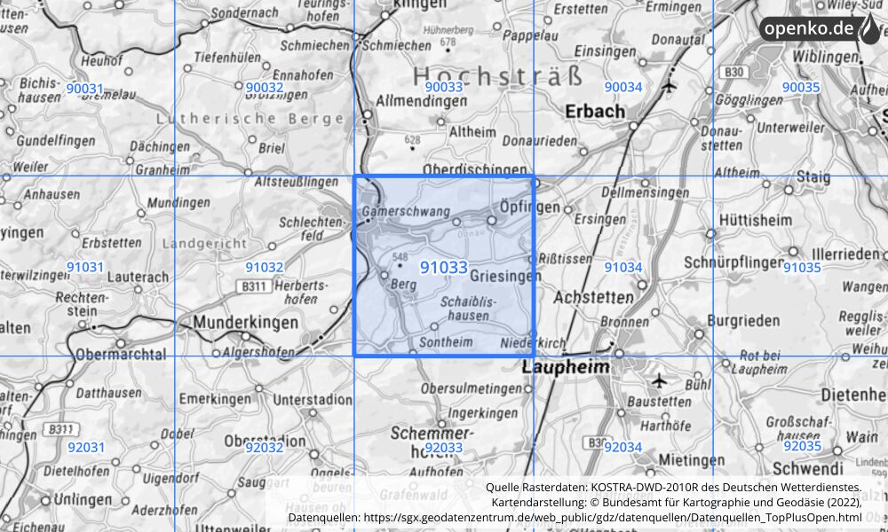 Übersichtskarte KOSTRA-DWD-2010R Rasterfeld Nr. 91033 mit angrenzenden Feldern