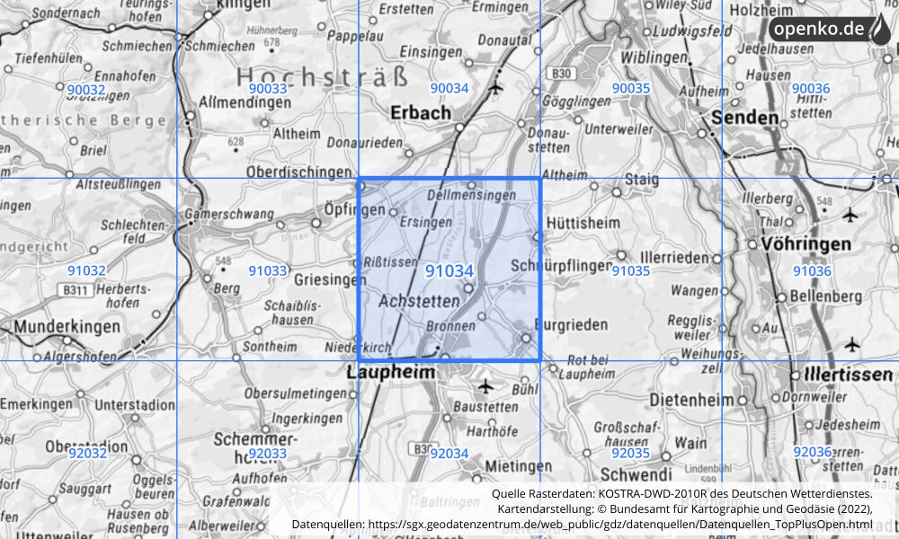 Übersichtskarte KOSTRA-DWD-2010R Rasterfeld Nr. 91034 mit angrenzenden Feldern