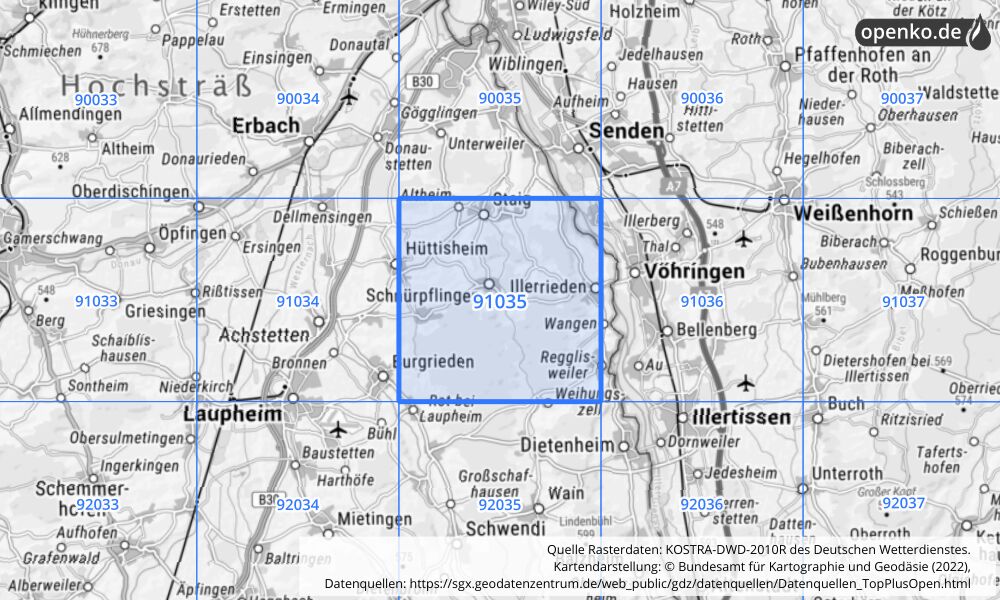 Übersichtskarte KOSTRA-DWD-2010R Rasterfeld Nr. 91035 mit angrenzenden Feldern