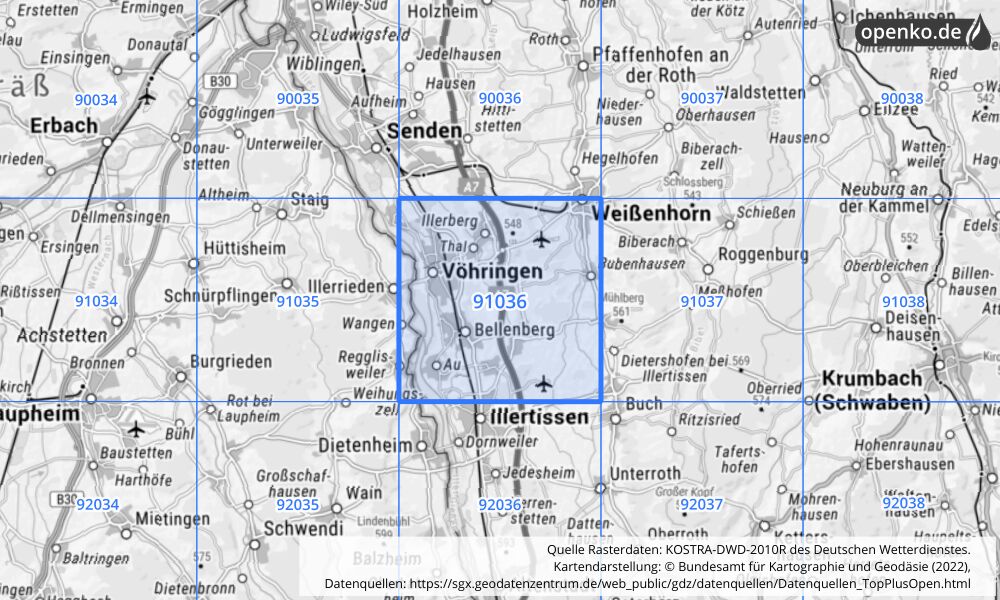 Übersichtskarte KOSTRA-DWD-2010R Rasterfeld Nr. 91036 mit angrenzenden Feldern