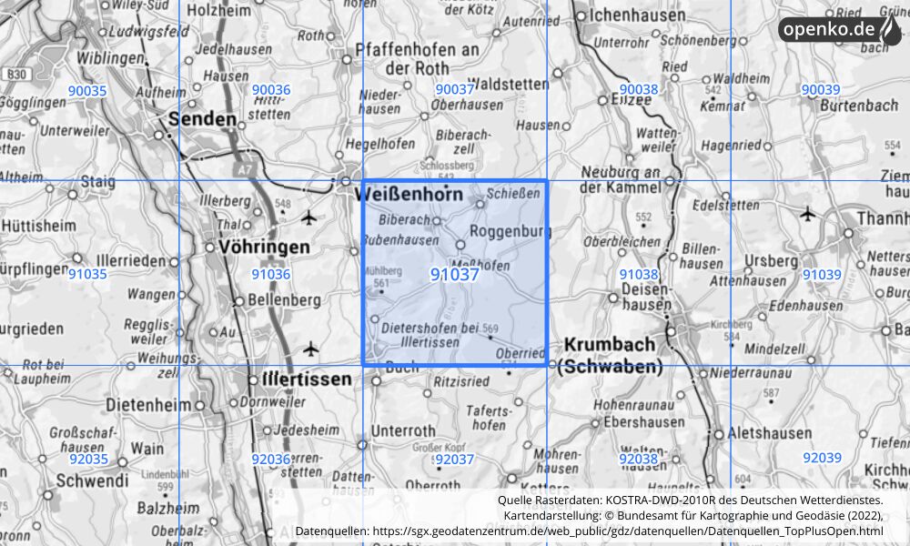 Übersichtskarte KOSTRA-DWD-2010R Rasterfeld Nr. 91037 mit angrenzenden Feldern