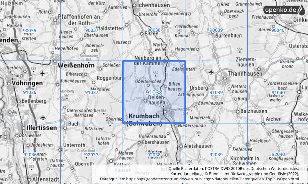 Übersichtskarte KOSTRA-DWD-2010R Rasterfeld Nr. 91038 mit angrenzenden Feldern