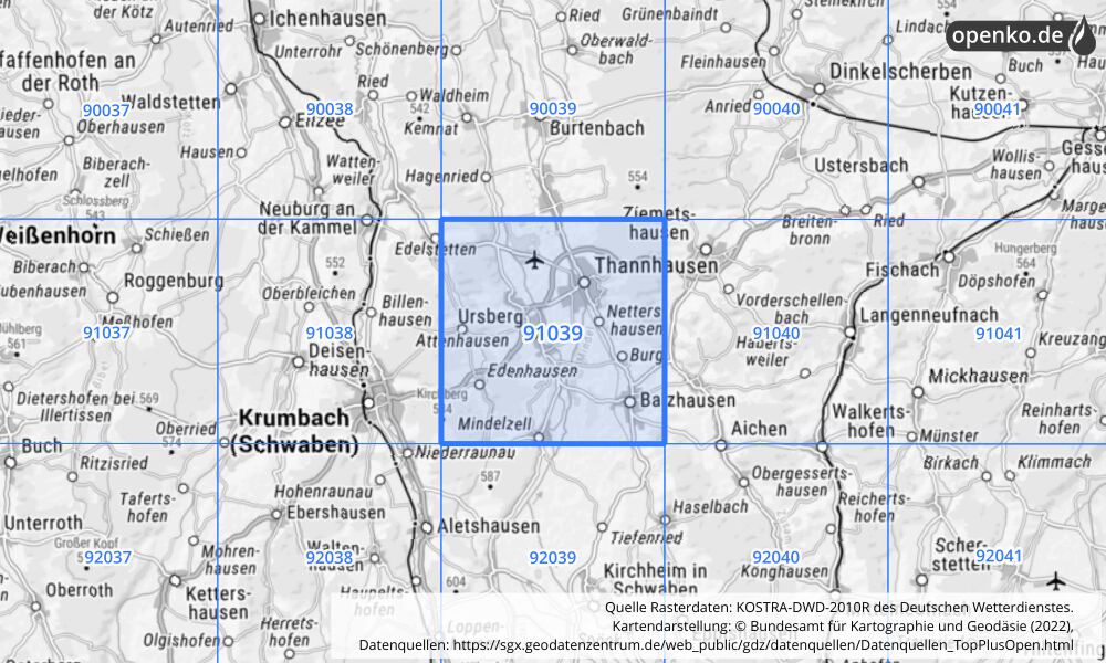 Übersichtskarte KOSTRA-DWD-2010R Rasterfeld Nr. 91039 mit angrenzenden Feldern