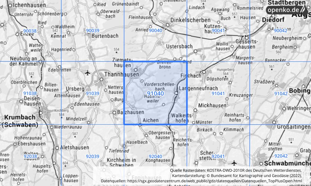 Übersichtskarte KOSTRA-DWD-2010R Rasterfeld Nr. 91040 mit angrenzenden Feldern