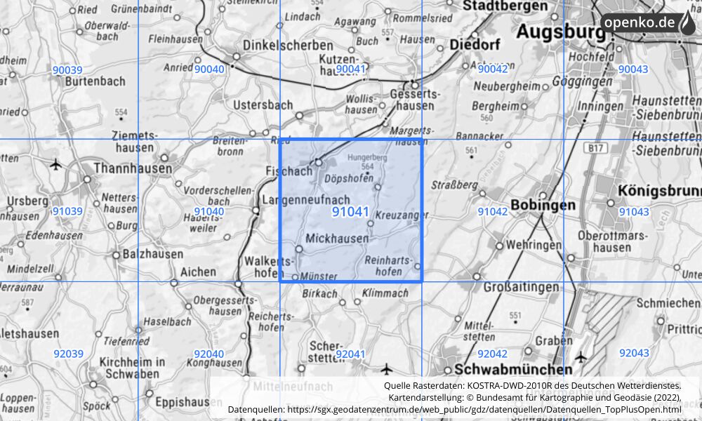 Übersichtskarte KOSTRA-DWD-2010R Rasterfeld Nr. 91041 mit angrenzenden Feldern