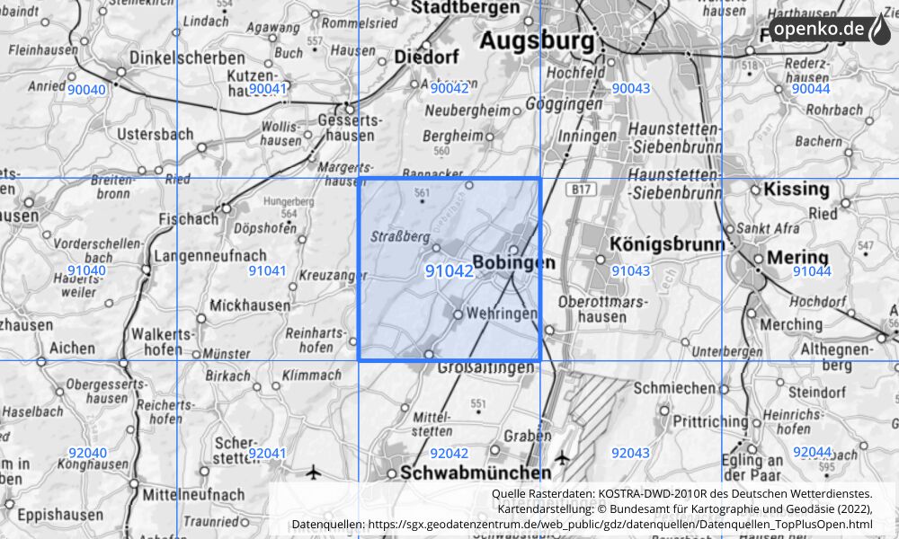 Übersichtskarte KOSTRA-DWD-2010R Rasterfeld Nr. 91042 mit angrenzenden Feldern