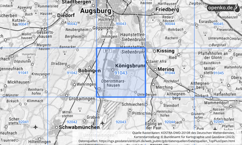 Übersichtskarte KOSTRA-DWD-2010R Rasterfeld Nr. 91043 mit angrenzenden Feldern