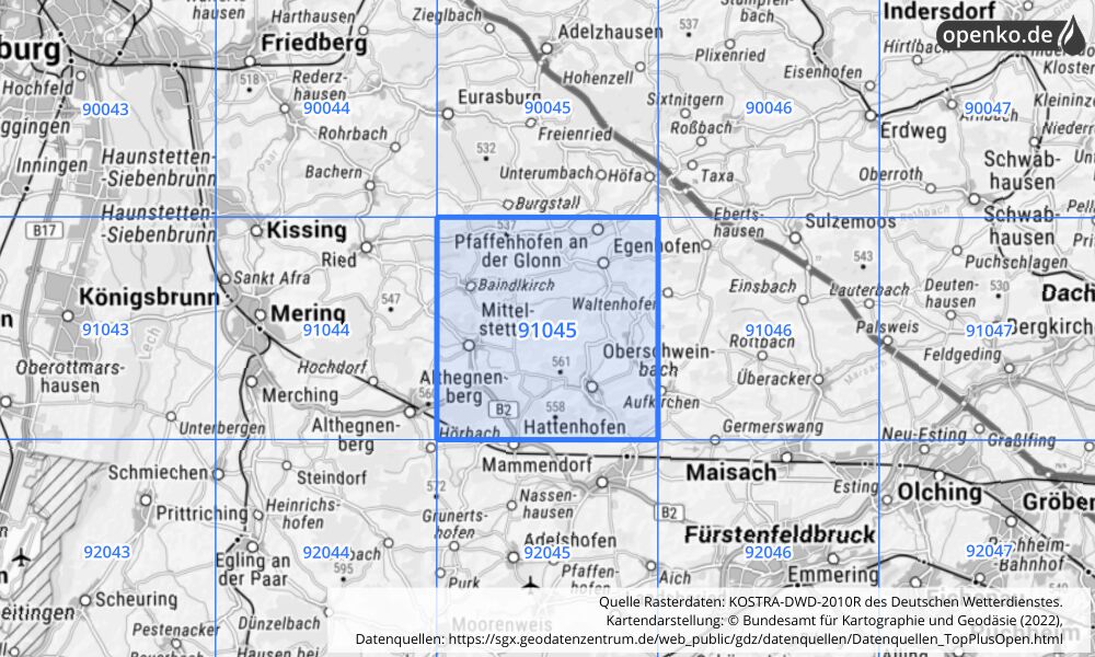 Übersichtskarte KOSTRA-DWD-2010R Rasterfeld Nr. 91045 mit angrenzenden Feldern