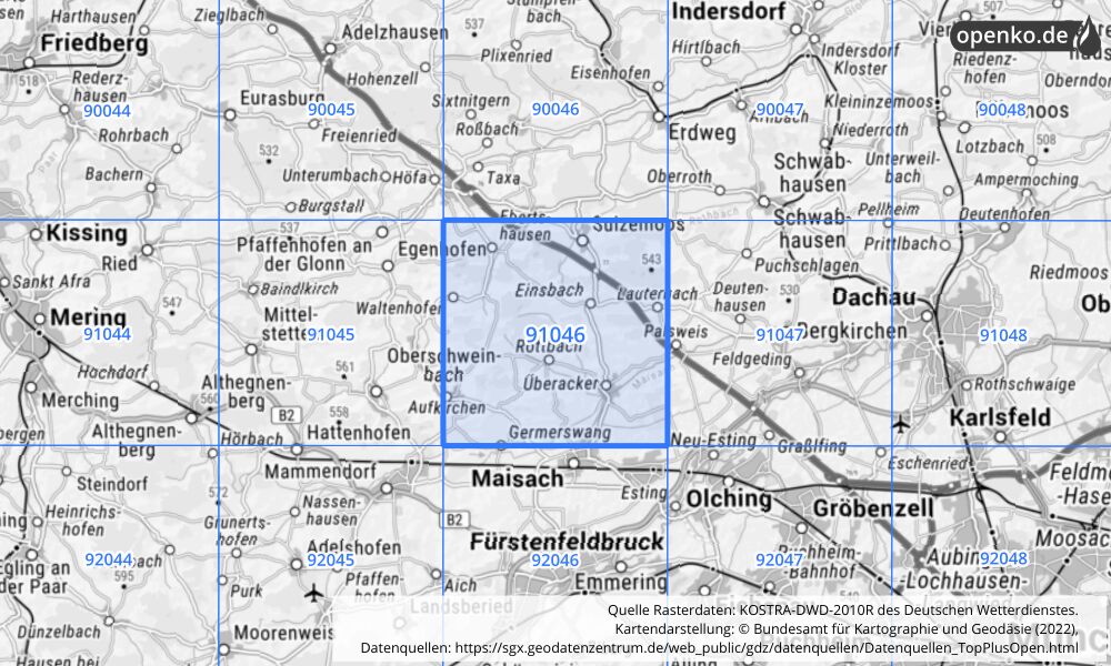 Übersichtskarte KOSTRA-DWD-2010R Rasterfeld Nr. 91046 mit angrenzenden Feldern