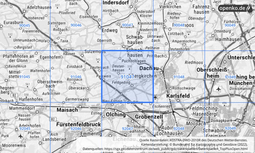 Übersichtskarte KOSTRA-DWD-2010R Rasterfeld Nr. 91047 mit angrenzenden Feldern