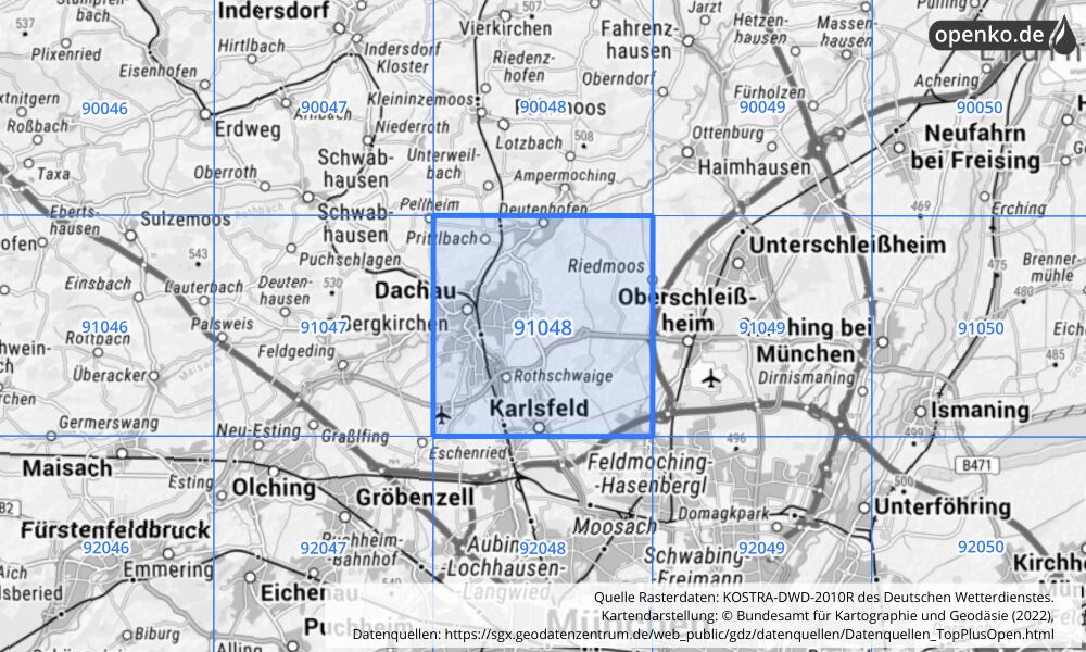 Übersichtskarte KOSTRA-DWD-2010R Rasterfeld Nr. 91048 mit angrenzenden Feldern