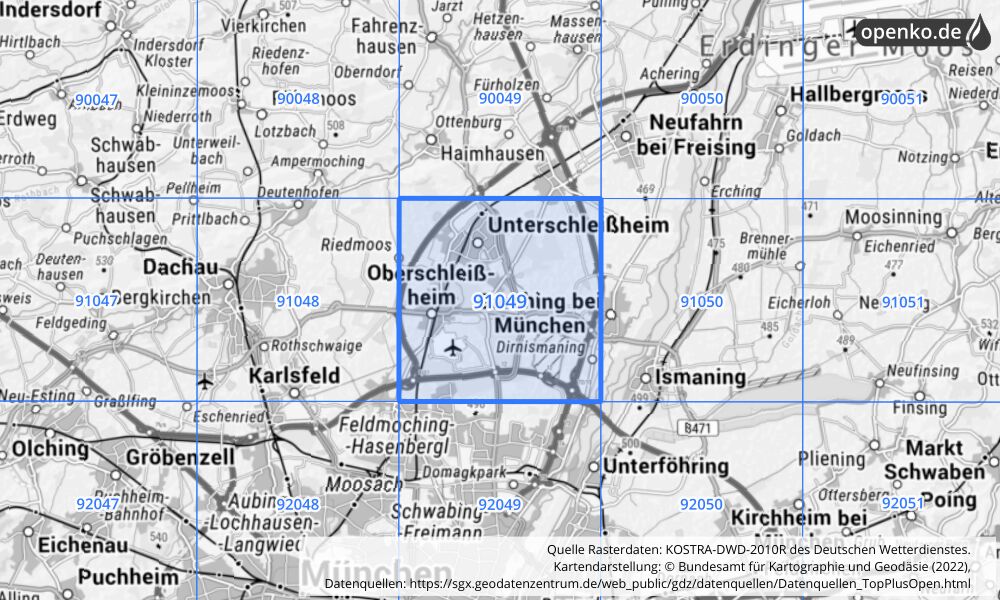 Übersichtskarte KOSTRA-DWD-2010R Rasterfeld Nr. 91049 mit angrenzenden Feldern