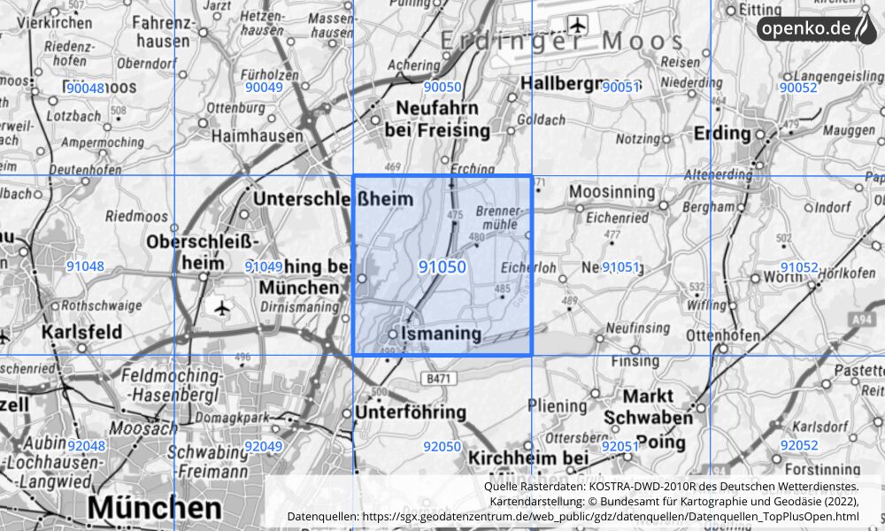 Übersichtskarte KOSTRA-DWD-2010R Rasterfeld Nr. 91050 mit angrenzenden Feldern