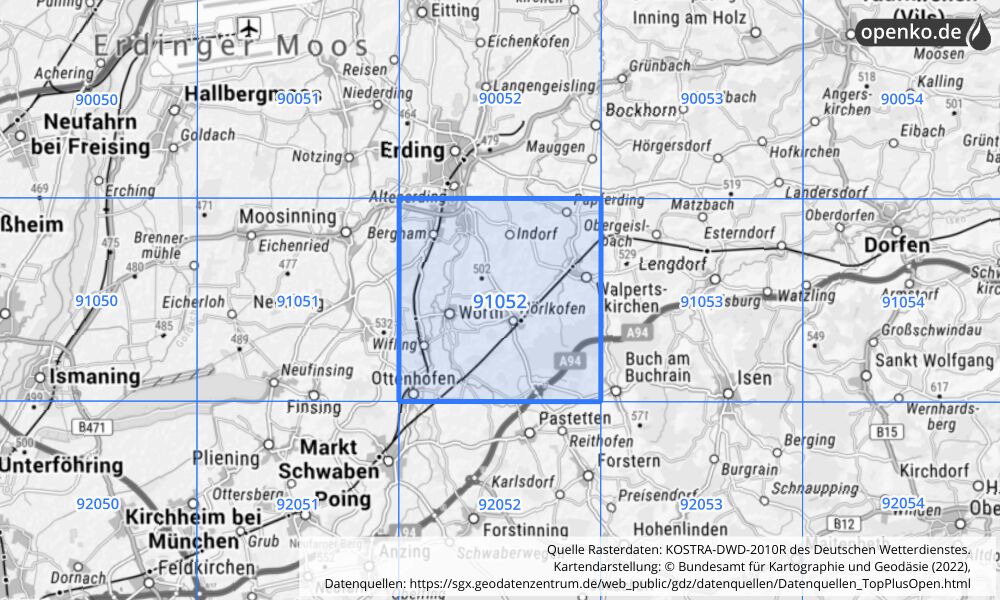 Übersichtskarte KOSTRA-DWD-2010R Rasterfeld Nr. 91052 mit angrenzenden Feldern