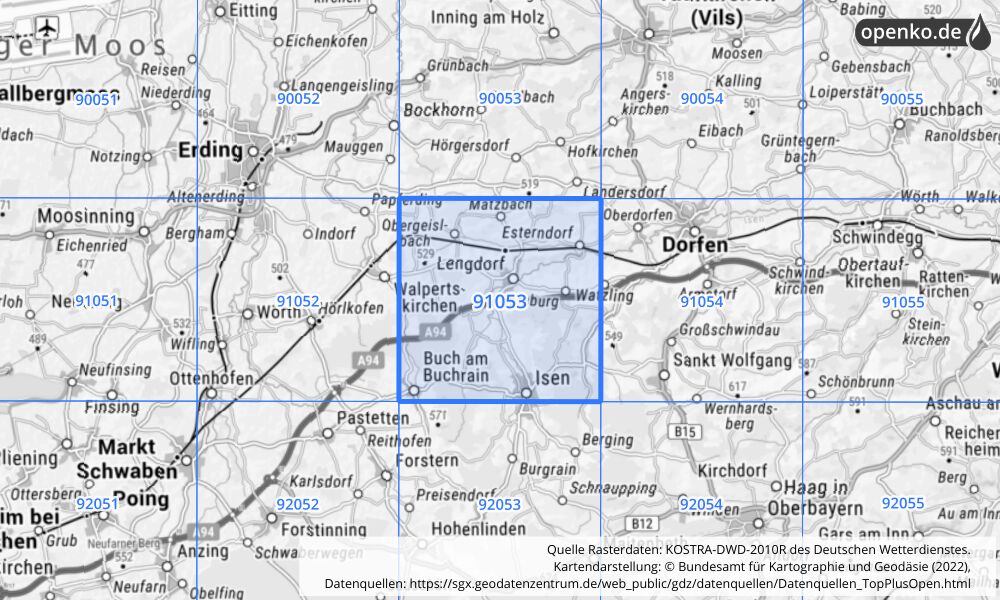 Übersichtskarte KOSTRA-DWD-2010R Rasterfeld Nr. 91053 mit angrenzenden Feldern