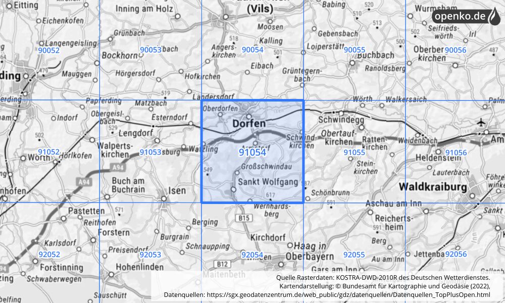 Übersichtskarte KOSTRA-DWD-2010R Rasterfeld Nr. 91054 mit angrenzenden Feldern