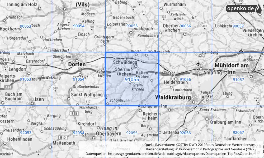 Übersichtskarte KOSTRA-DWD-2010R Rasterfeld Nr. 91055 mit angrenzenden Feldern