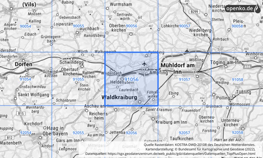 Übersichtskarte KOSTRA-DWD-2010R Rasterfeld Nr. 91056 mit angrenzenden Feldern