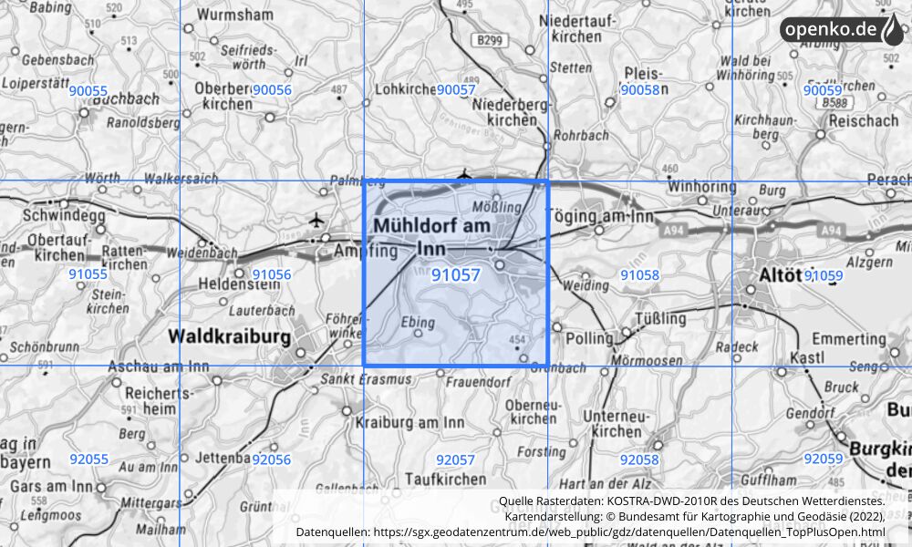 Übersichtskarte KOSTRA-DWD-2010R Rasterfeld Nr. 91057 mit angrenzenden Feldern