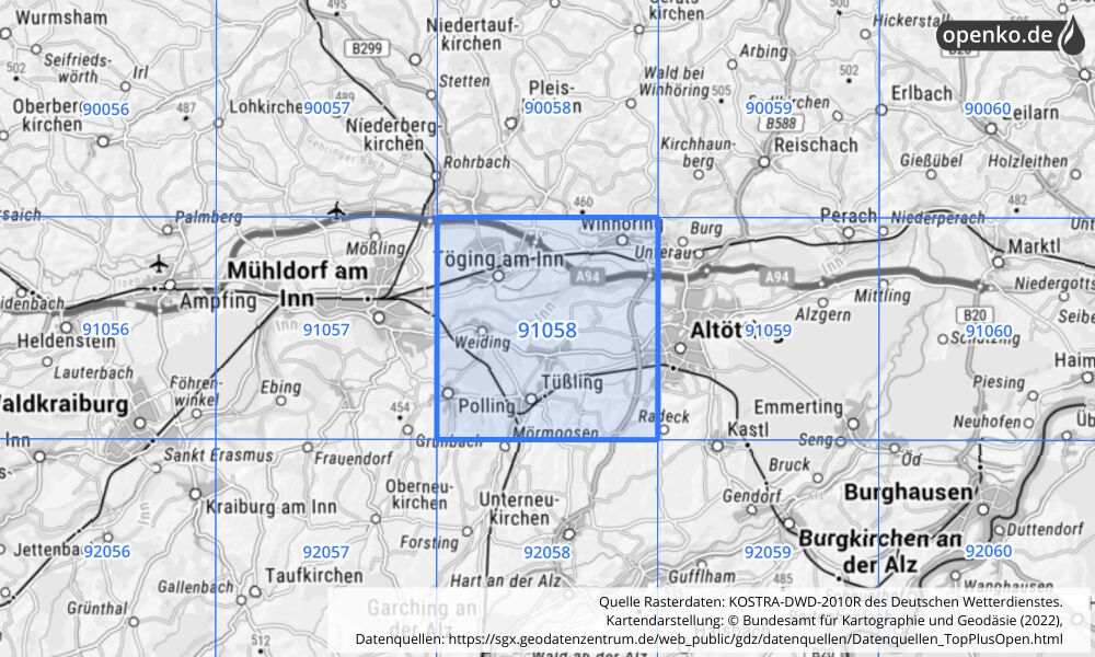 Übersichtskarte KOSTRA-DWD-2010R Rasterfeld Nr. 91058 mit angrenzenden Feldern