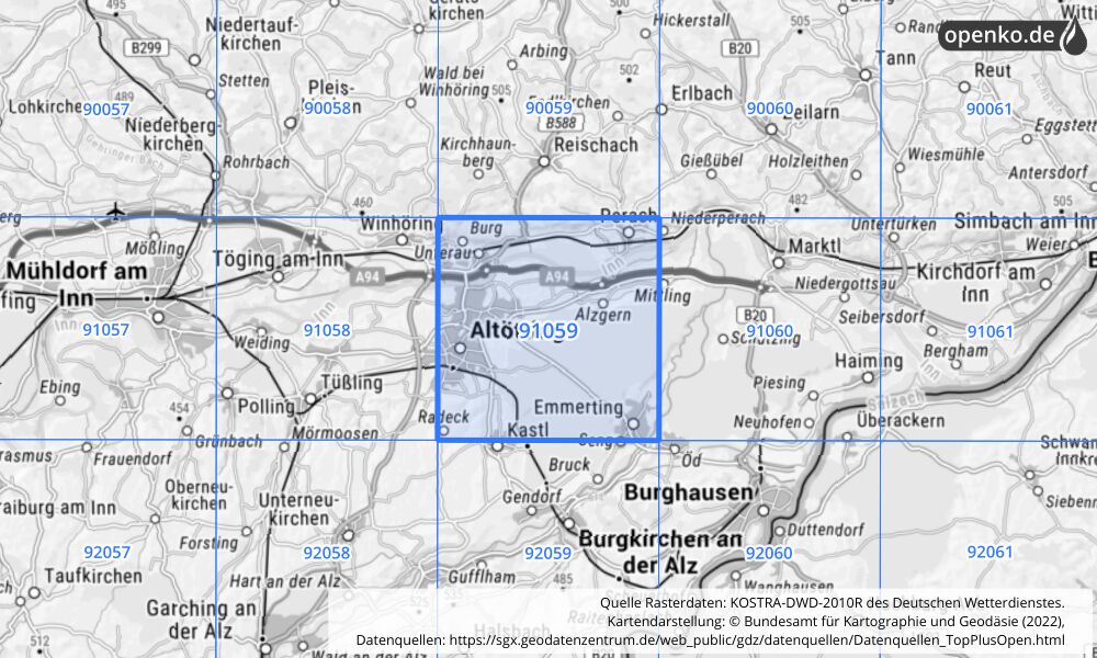 Übersichtskarte KOSTRA-DWD-2010R Rasterfeld Nr. 91059 mit angrenzenden Feldern