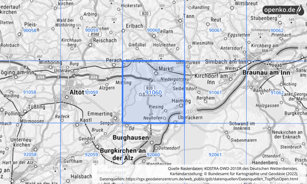 Übersichtskarte KOSTRA-DWD-2010R Rasterfeld Nr. 91060 mit angrenzenden Feldern