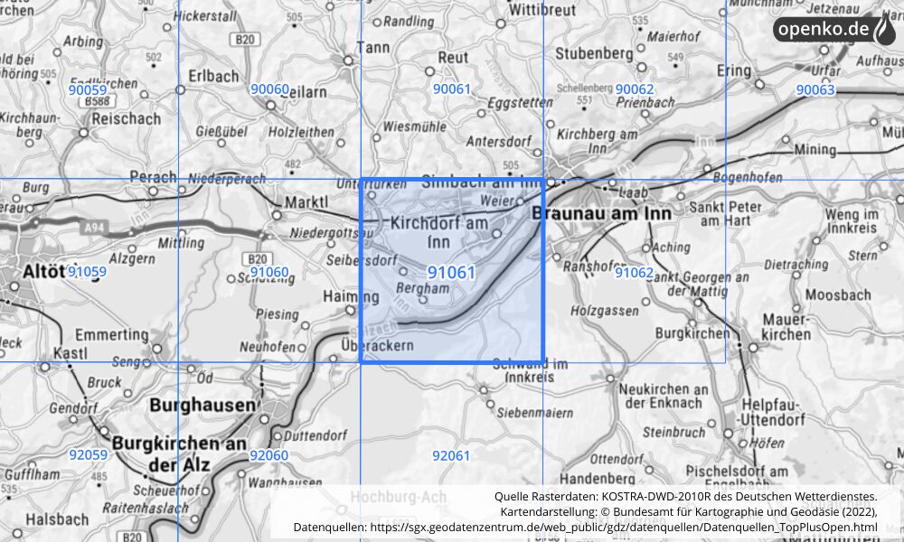 Übersichtskarte KOSTRA-DWD-2010R Rasterfeld Nr. 91061 mit angrenzenden Feldern