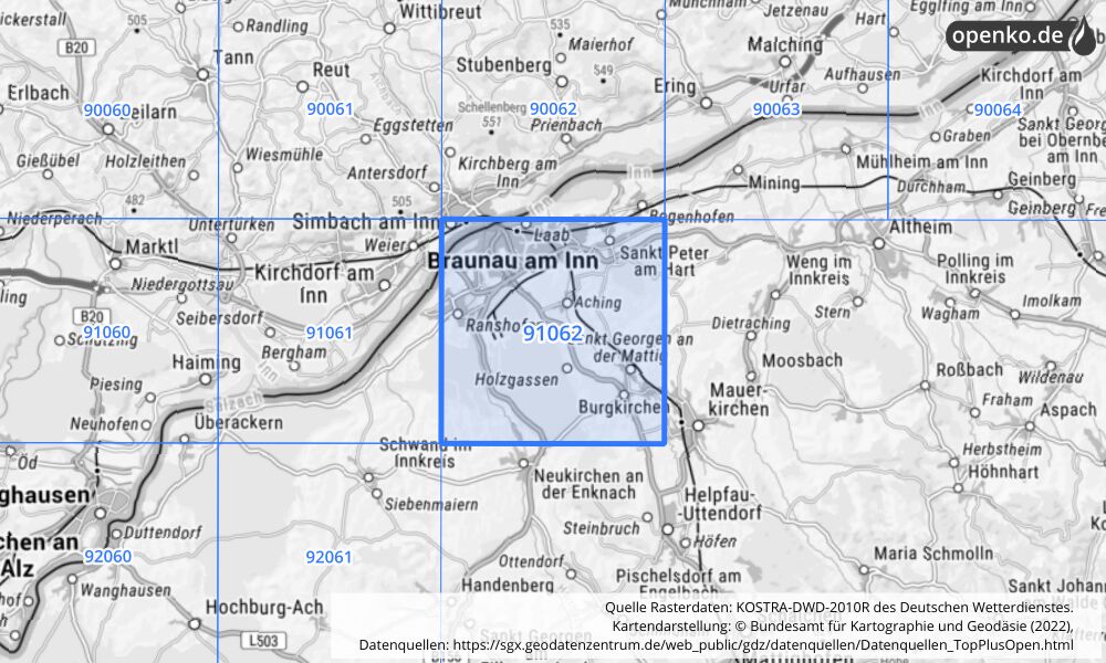 Übersichtskarte KOSTRA-DWD-2010R Rasterfeld Nr. 91062 mit angrenzenden Feldern