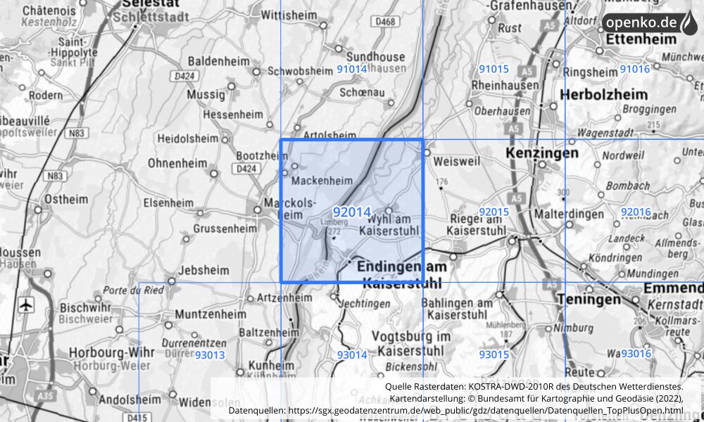 Übersichtskarte KOSTRA-DWD-2010R Rasterfeld Nr. 92014 mit angrenzenden Feldern