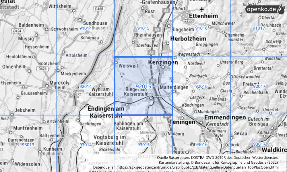 Übersichtskarte KOSTRA-DWD-2010R Rasterfeld Nr. 92015 mit angrenzenden Feldern