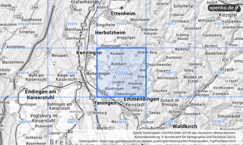 Übersichtskarte KOSTRA-DWD-2010R Rasterfeld Nr. 92016 mit angrenzenden Feldern